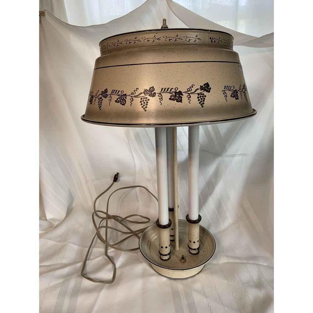 Vintage Beige Gold Bouillotte Style Tole Lamp + Shade Underwriter’s Laboratories